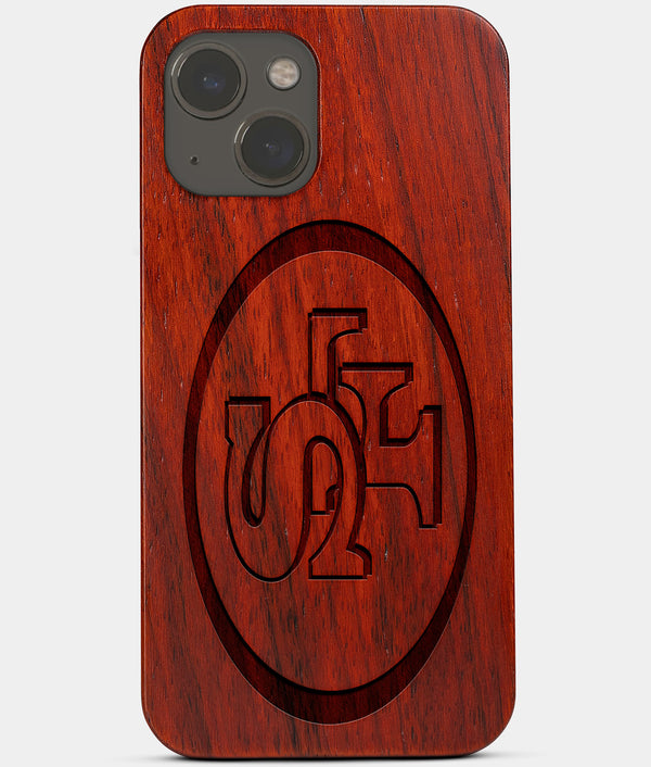 Carved Wood San Francisco 49ers iPhone 13 Mini Case | Custom SF 49ers Gift, Birthday Gift | Personalized Mahogany Wood Cover, Gifts For Him, Monogrammed Gift For Fan | by Engraved In Nature