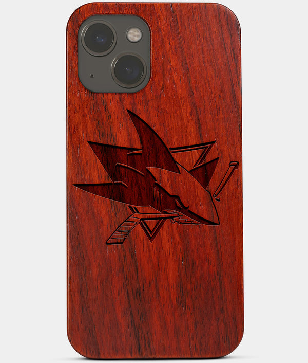 Carved Wood San Jose Sharks iPhone 13 Mini Case | Custom San Jose Sharks Gift, Birthday Gift | Personalized Mahogany Wood Cover, Gifts For Him, Monogrammed Gift For Fan | by Engraved In Nature