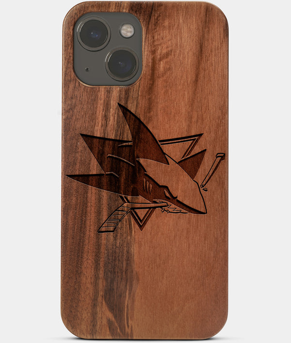 Carved Wood San Jose Sharks iPhone 13 Mini Case | Custom San Jose Sharks Gift, Birthday Gift | Personalized Mahogany Wood Cover, Gifts For Him, Monogrammed Gift For Fan | by Engraved In Nature