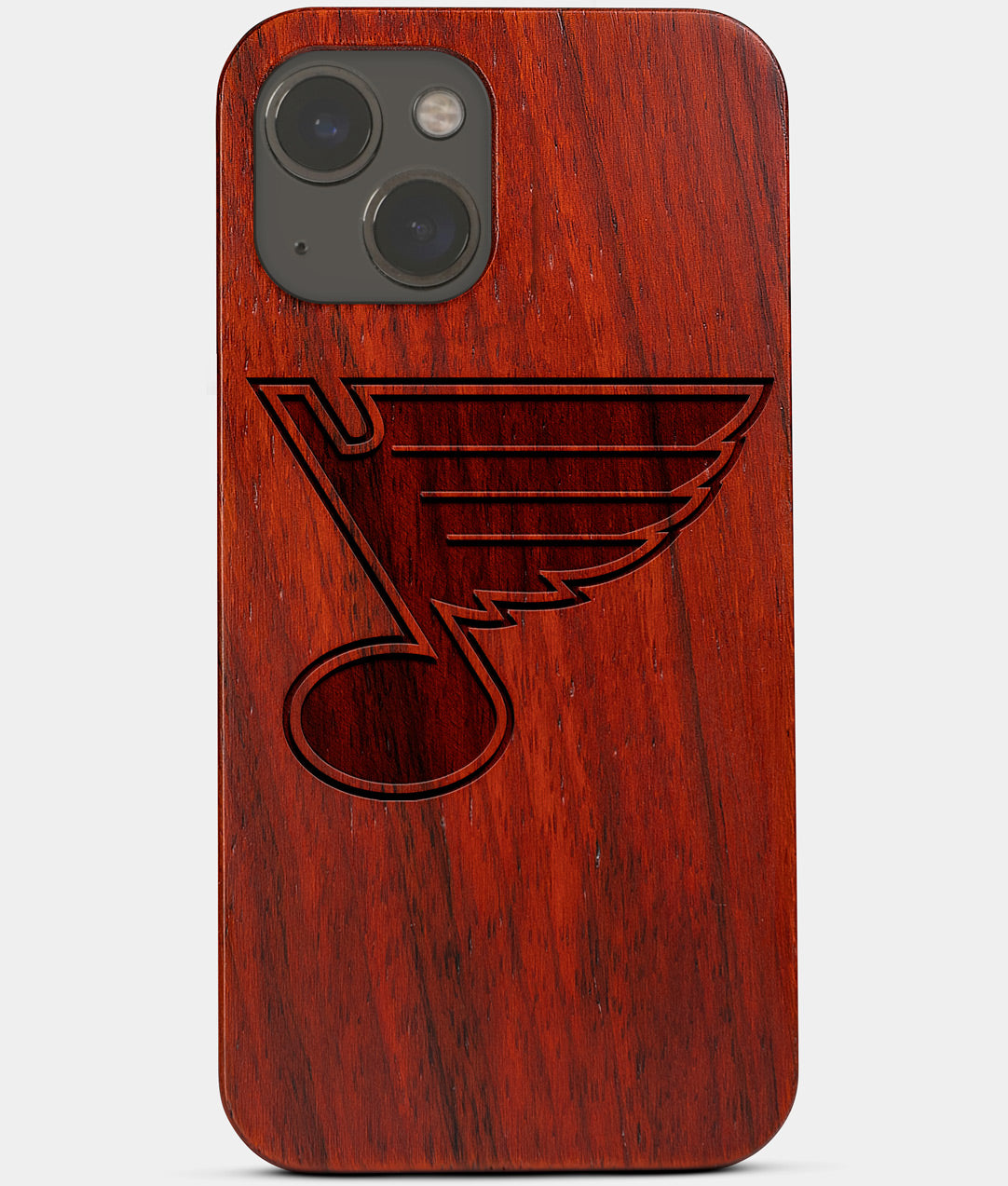 Carved Wood St Louis Blues iPhone 13 Mini Case | Custom St Louis Blues Gift, Birthday Gift | Personalized Mahogany Wood Cover, Gifts For Him, Monogrammed Gift For Fan | by Engraved In Nature