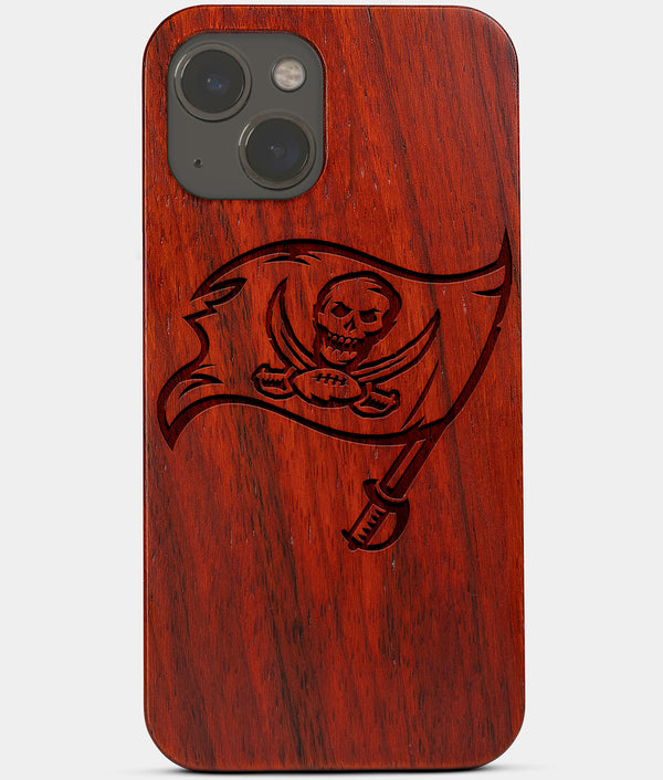 Carved Wood Tampa Bay Buccaneers iPhone 13 Mini Case | Custom Tampa Bay Buccaneers Gift, Birthday Gift | Personalized Mahogany Wood Cover, Gifts For Him, Monogrammed Gift For Fan | by Engraved In Nature