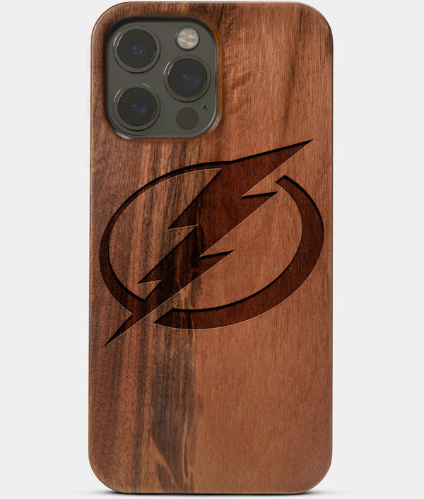 Carved Wood Tampa Bay Lightning iPhone 13 Pro Case | Custom Tampa Bay Lightning Gift, Birthday Gift | Personalized Mahogany Wood Cover, Gifts For Him, Monogrammed Gift For Fan | by Engraved In Nature