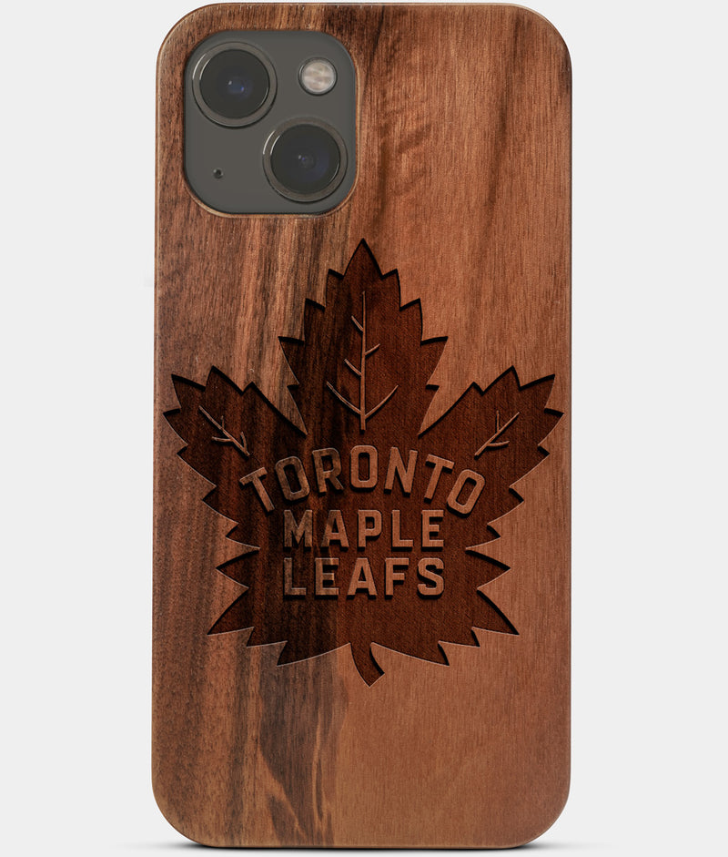 Carved Wood Toronto Maple Leafs iPhone 13 Mini Case | Custom Toronto Maple Leafs Gift, Birthday Gift | Personalized Mahogany Wood Cover, Gifts For Him, Monogrammed Gift For Fan | by Engraved In Nature