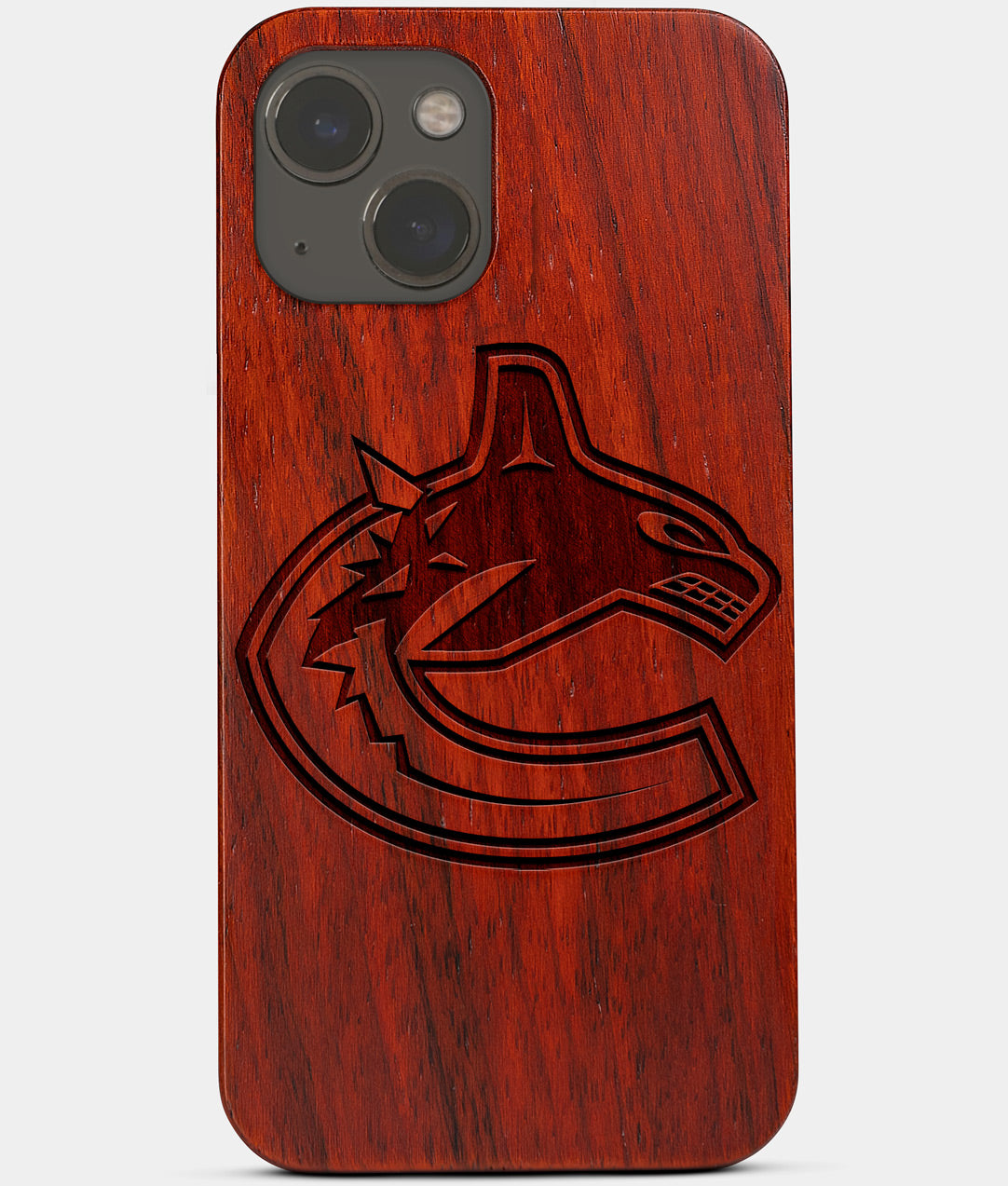 Carved Wood Vancouver Canucks iPhone 13 Mini Case | Custom Vancouver Canucks Gift, Birthday Gift | Personalized Mahogany Wood Cover, Gifts For Him, Monogrammed Gift For Fan | by Engraved In Nature