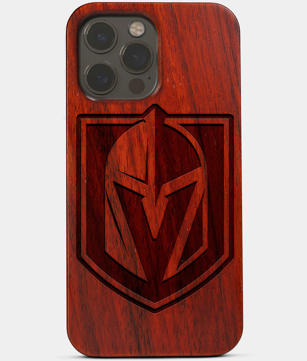 Carved Wood Vegas Golden Knights iPhone 13 Pro Case | Custom Vegas Golden Knights Gift, Birthday Gift | Personalized Mahogany Wood Cover, Gifts For Him, Monogrammed Gift For Fan | by Engraved In Nature