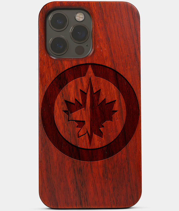 Carved Wood Winnipeg Jets iPhone 13 Pro Case | Custom Winnipeg Jets Gift, Birthday Gift | Personalized Mahogany Wood Cover, Gifts For Him, Monogrammed Gift For Fan | by Engraved In Nature